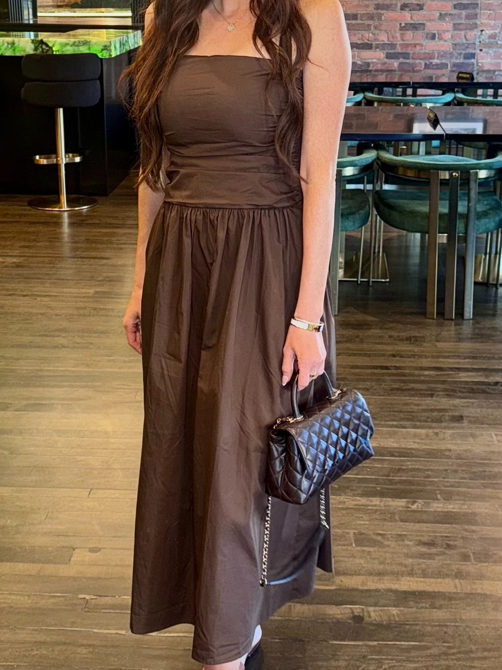 Band of the Free Strapless Brown Maxi Dress M Smocked Back Pockets Boho Cotton